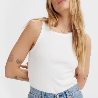 White Ribbed Cotton Racer Tank Top
