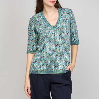 Turquoise Multi V-Neck Pattern Wool Blend Top