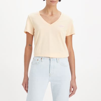 Cream V-Neck Short Sleeve Cotton T-Shirt